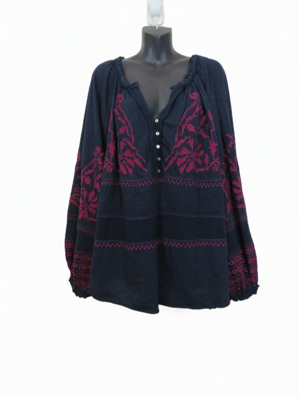 Free People size Large Persuasion Embroidered Tunic Top Boho Balloon Sleeve Blue